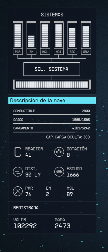 Panel de Descripción y Sistemas de la Nave
